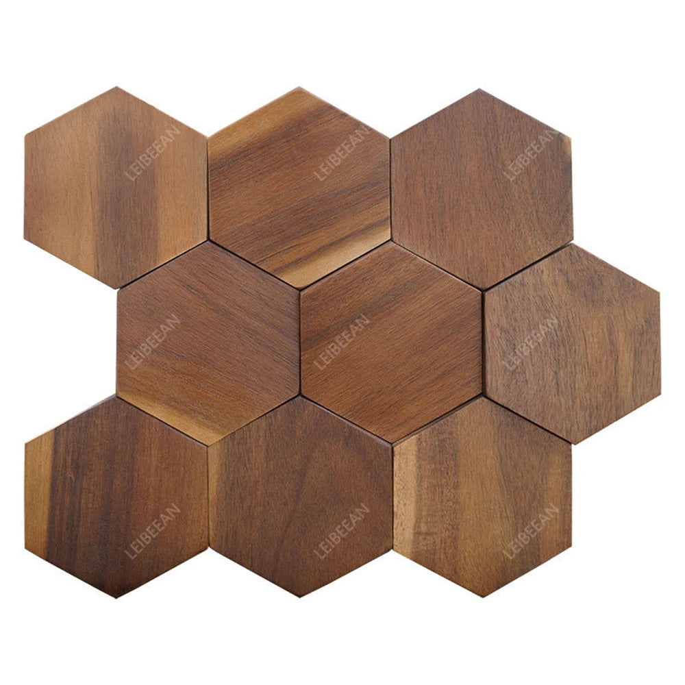 Modern 3D Wood Hexagon Wooden Panel Wall Panel Walnut Wood Mosaic Tile Wall Sticker for TV Background Art Wall Decor 30X26Cm