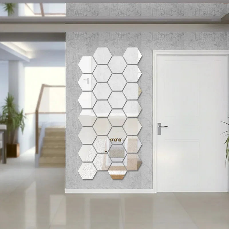 12Pcs Bedroom Art Wall Home Decor Mirror Hexagon 3D Mirror DIY Wall Sticker Stickers Decoration Decor Stickers Self Adhesive