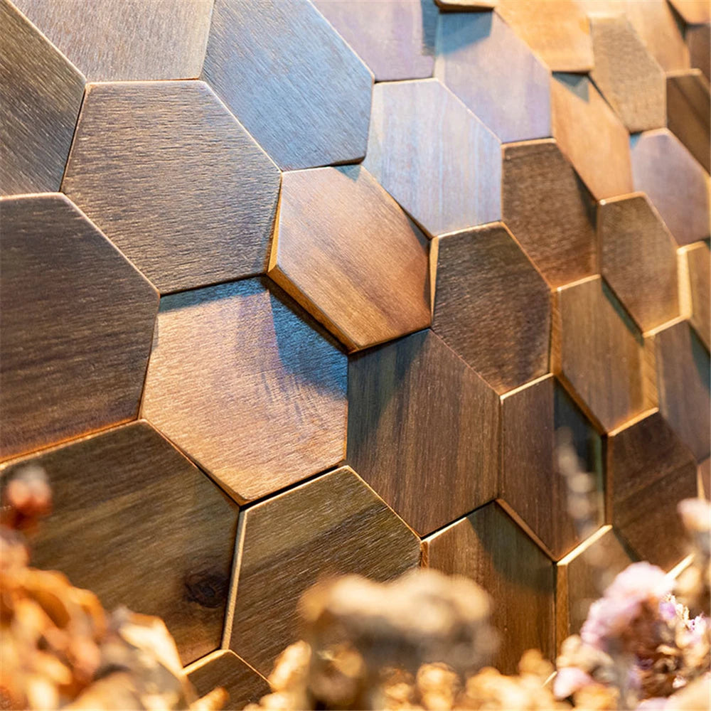 Modern 3D Wood Hexagon Wooden Panel Wall Panel Walnut Wood Mosaic Tile Wall Sticker for TV Background Art Wall Decor 30X26Cm