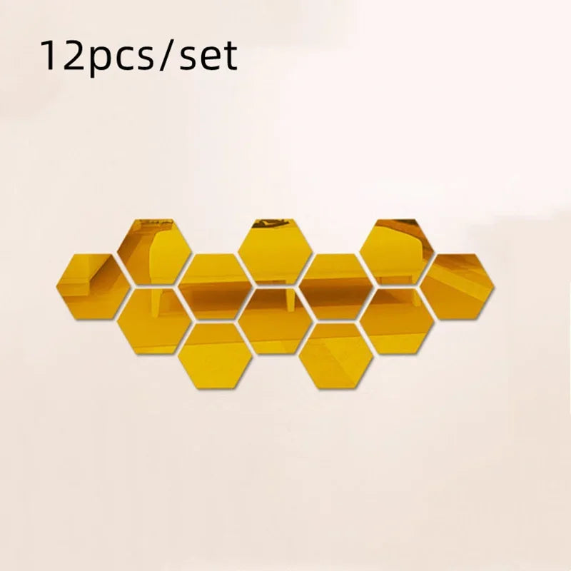 12Pcs Bedroom Art Wall Home Decor Mirror Hexagon 3D Mirror DIY Wall Sticker Stickers Decoration Decor Stickers Self Adhesive
