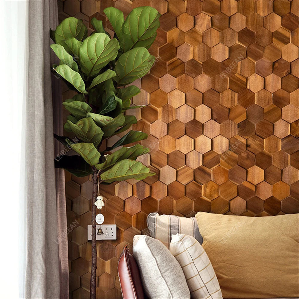 Modern 3D Wood Hexagon Wooden Panel Wall Panel Walnut Wood Mosaic Tile Wall Sticker for TV Background Art Wall Decor 30X26Cm