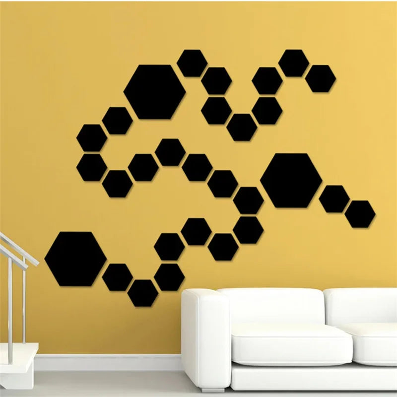 12Pcs Bedroom Art Wall Home Decor Mirror Hexagon 3D Mirror DIY Wall Sticker Stickers Decoration Decor Stickers Self Adhesive